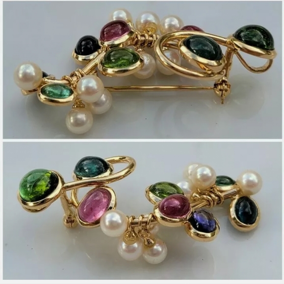 14k Gold Multi Gemstone Pearl Pendant Brooch-Designer Estate Jewelry 12 gm - Picture 9 of 12
